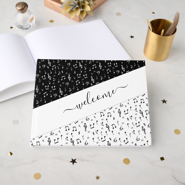 Black and white musical personalised  guest book (Front Open)