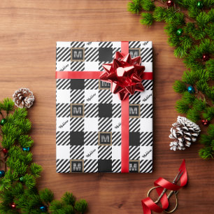 Black and White Name + Buffalo Check Monogram Wrapping Paper