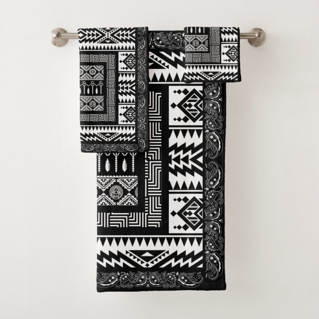 Black and White Native Patterns Bath Towel Set (Insitu)
