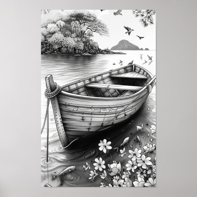 Black and White Nature Realistic Line Art Poster (Front)
