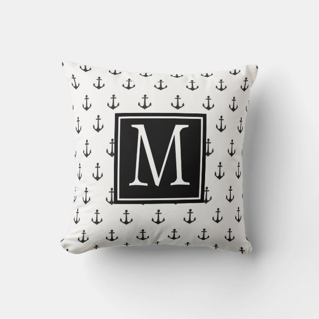 Black and White Nautical Anchor Monogram Cushion (Front)