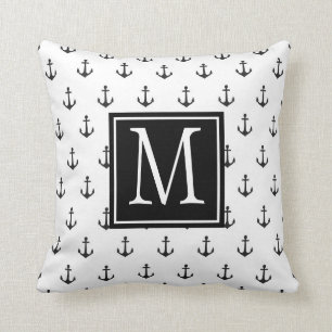 Black and White Nautical Anchor Monogram Cushion