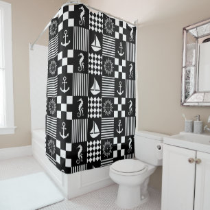 Black and White Nautical Patchwork Pattern Shower Curtain