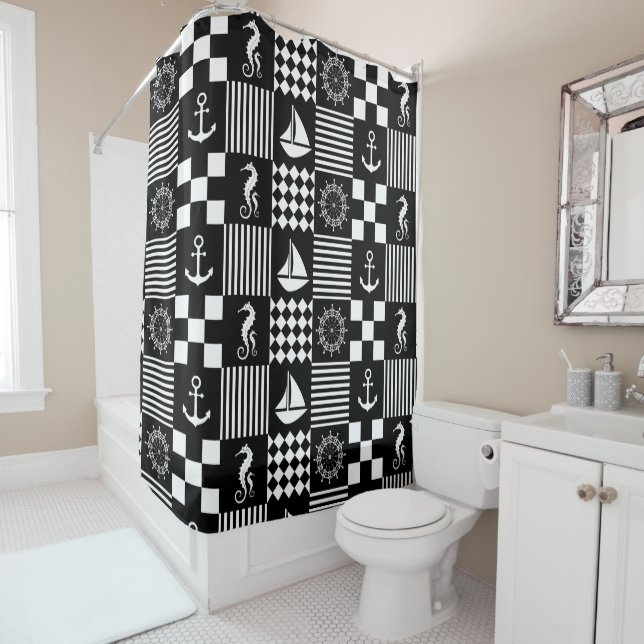 Black and White Nautical Patchwork Pattern Shower Curtain (In Situ)
