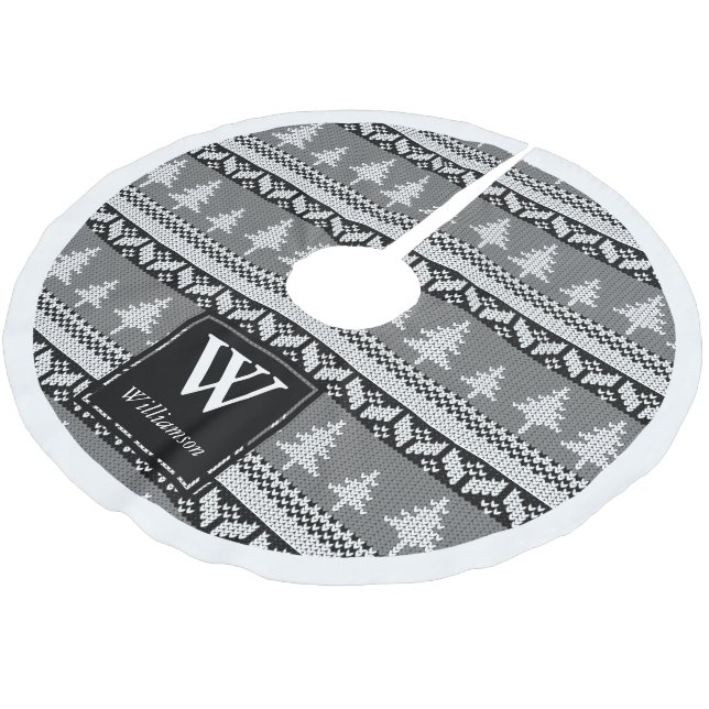Black and White Nordic Fir Trees + Family Name Brushed Polyester Tree Skirt (Angled)
