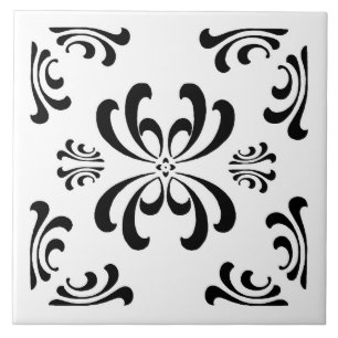 Black and White Nouveau Flourish Ceramic Tile