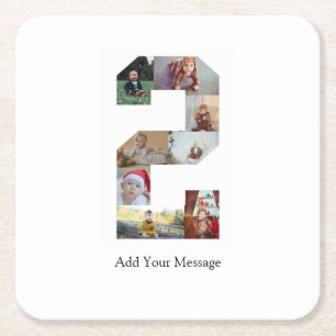 Black and White Number 2 Photo Collage Square Paper Coaster