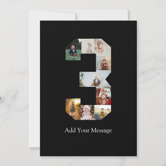 Black and White Number 3 Photo Collage Announcement (Front)