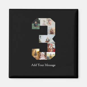 Black and White Number 3 Photo Collage Magnet