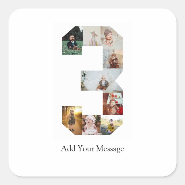Black and White Number 3 Photo Collage Square Sticker (Front)