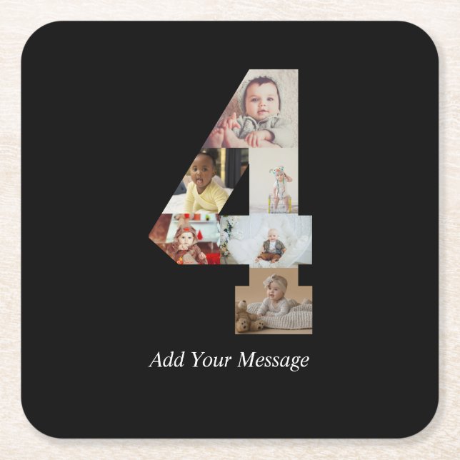 Black and White Number 4 Photo Collage Square Paper Coaster (Front)