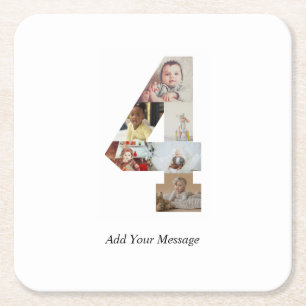 Black and White Number 4 Photo Collage Square Paper Coaster