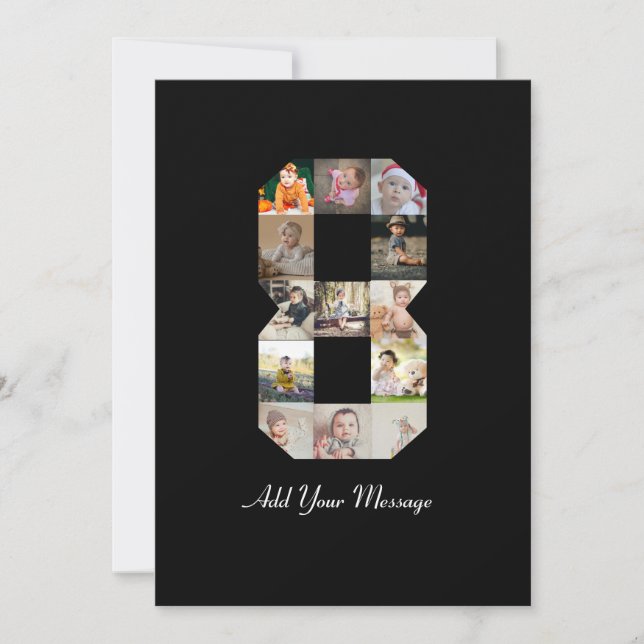 Black and White Number 8 Photo Collage Announcement (Front)