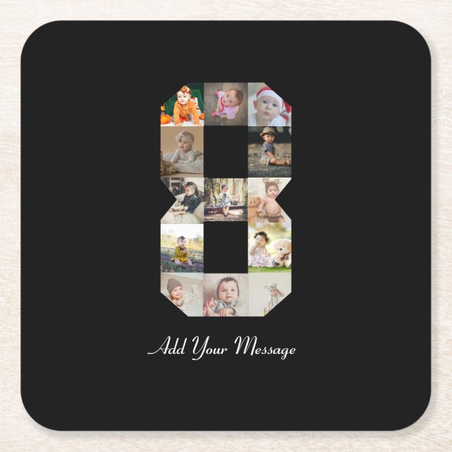 Black and White Number 8 Photo Collage Square Paper Coaster (Front)