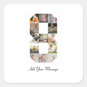 Black and White Number 8 Photo Collage Square Sticker