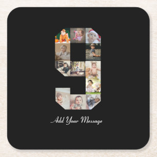 Black and White Number 9 Photo Collage Square Paper Coaster