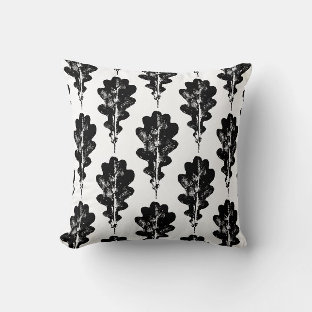 Black and White Oak Leaf Print Pattern Cushion (Front)