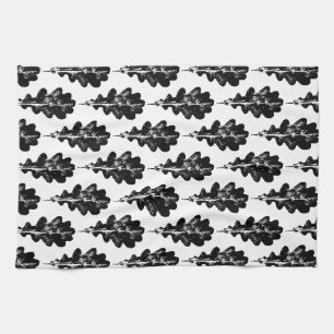 Black and White Oak Leaf Print Pattern Tea Towel