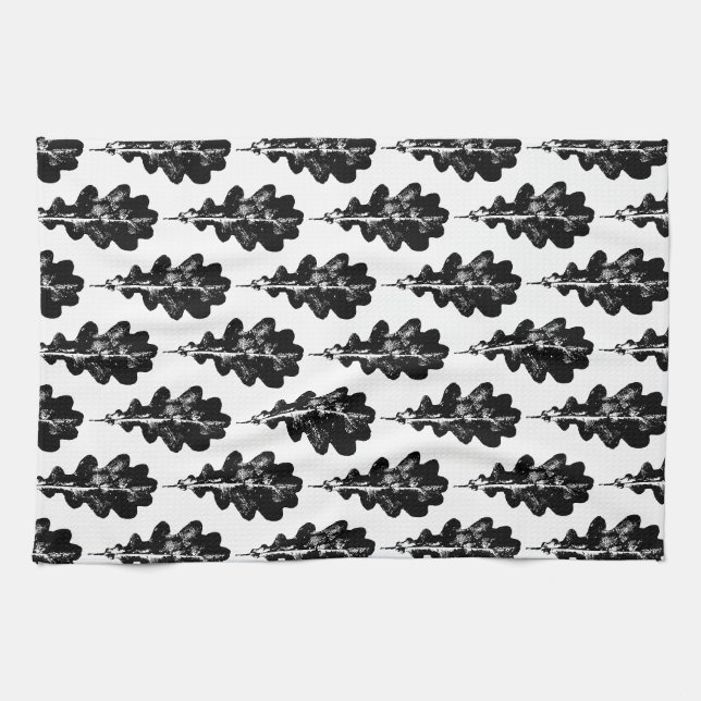 Black and White Oak Leaf Print Pattern Tea Towel (Horizontal)