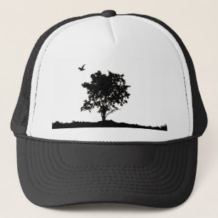 Black and white Oak tree with crow Trucker hate Hat