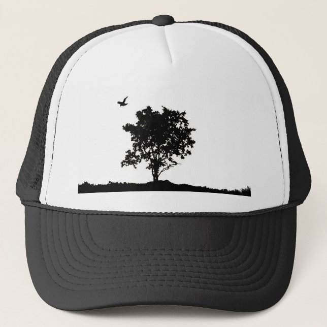 Black and white Oak tree with crow Trucker hate Trucker Hat (Front)