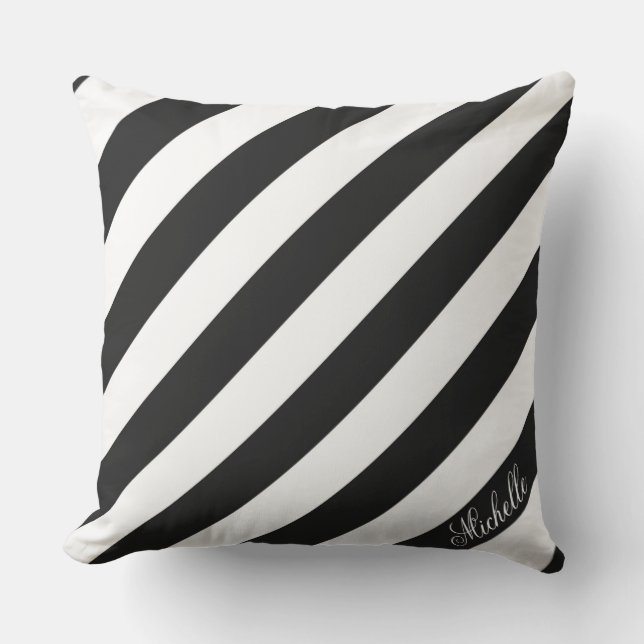 Black and White Oblique Stripes Custom Monogram Cushion (Front)