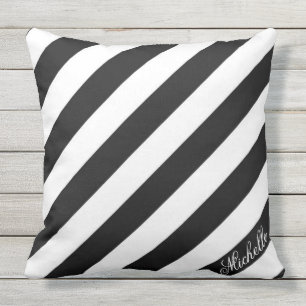 Black and White Oblique Stripes Custom Monogram Cushion