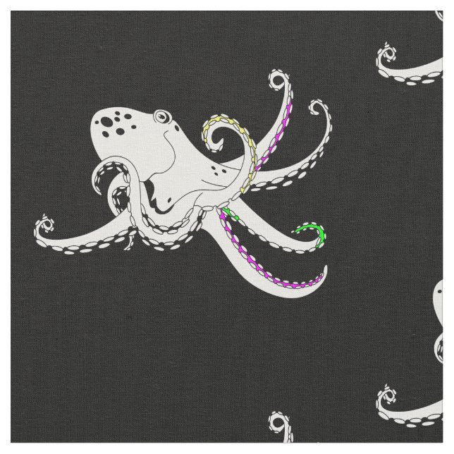 Black and White Octopus Cool Colourful Tentacles Fabric (Close Up)