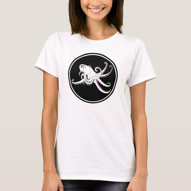 Black and White Octopus Funny Colourful Tentacles T-Shirt (Front)