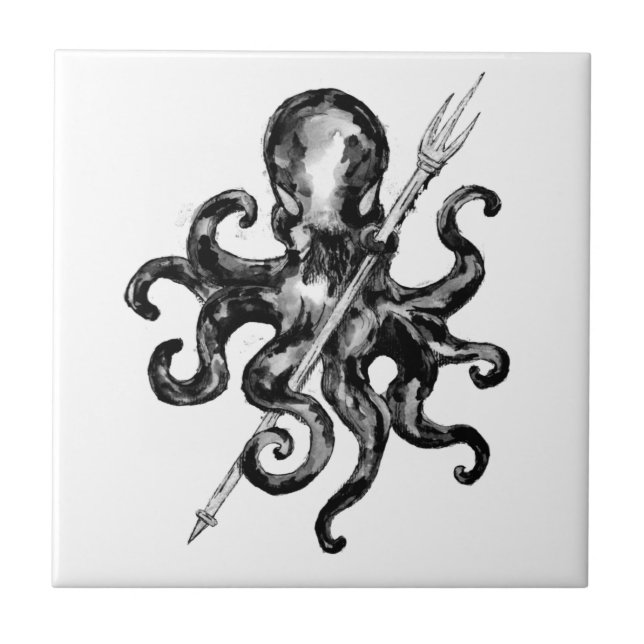 Black and White Octopus with Trident Ceramic Tile (Front)