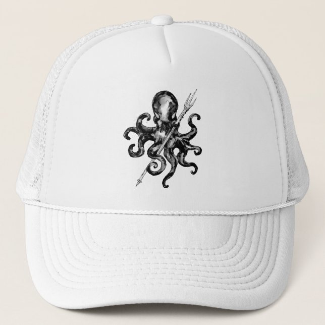 Black and White Octopus with Trident Trucker Hat (Front)