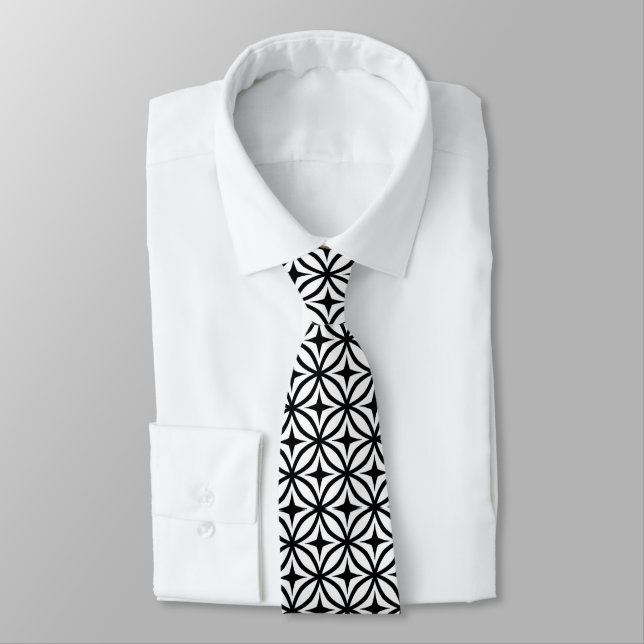 Black and White Ogee Star Repeat Pattern  Tie (Tied)