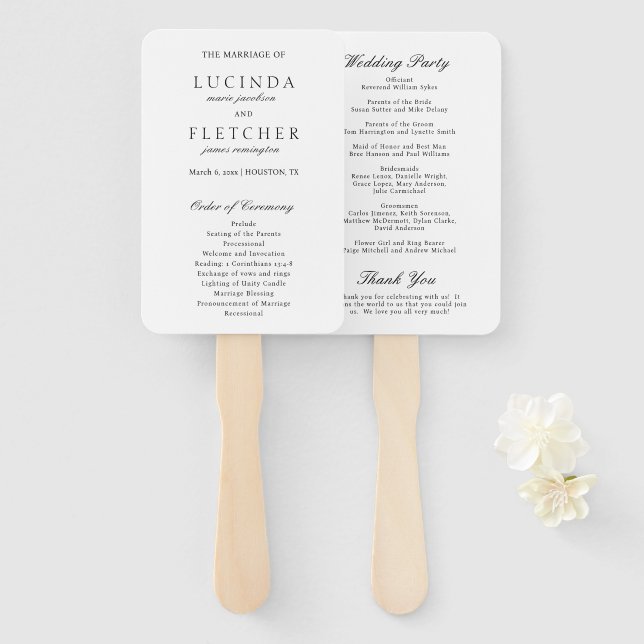 Black and White Old Money Elegant Wedding Program Hand Fan (Front and Back)