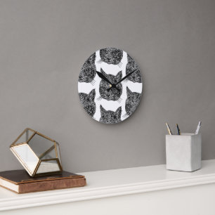 Black and White Ornamental Cat Portrait Round Clock