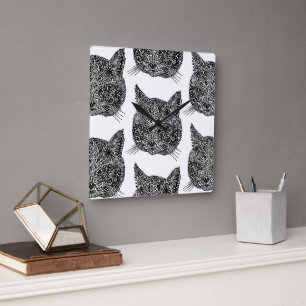 Black and White Ornamental Cat Portrait Square Wall Clock