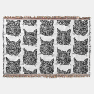 Black and White Ornamental Cat Portrait Throw Blanket