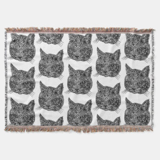 Black and White Ornamental Cat Portrait Throw Blanket