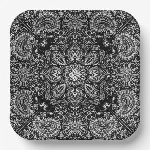 Black and White Ornate Bandanna Paper Plate