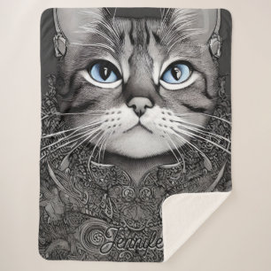 Black and White Ornate Cat Personalised Name Sherpa Blanket