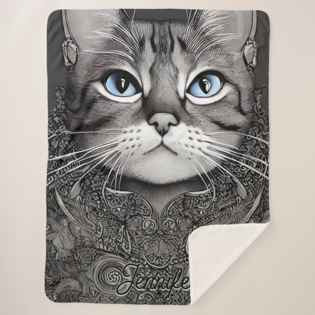 Black and White Ornate Cat Personalised Name Sherpa Blanket (Front)