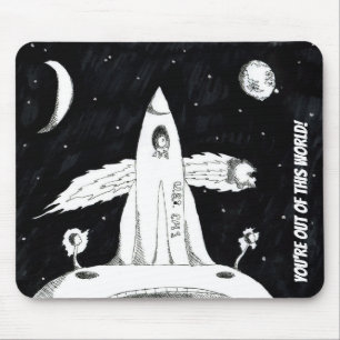 Black and White Out of This World Spaceship Mouse Pad