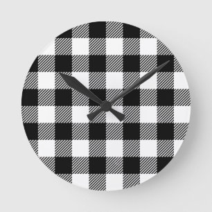 Black and White Outdoor Gingham Pattern Art Design Round Clock