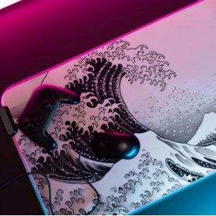 black and white outline great wave  xxl gaming  desk mat