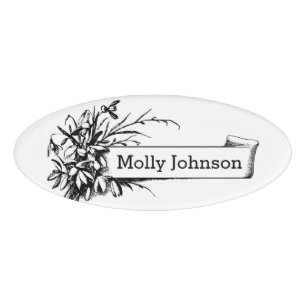 Black and White Oval Floral Design on Name Banner Tag