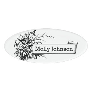 Black and White Oval Floral Design on Name Banner Tag