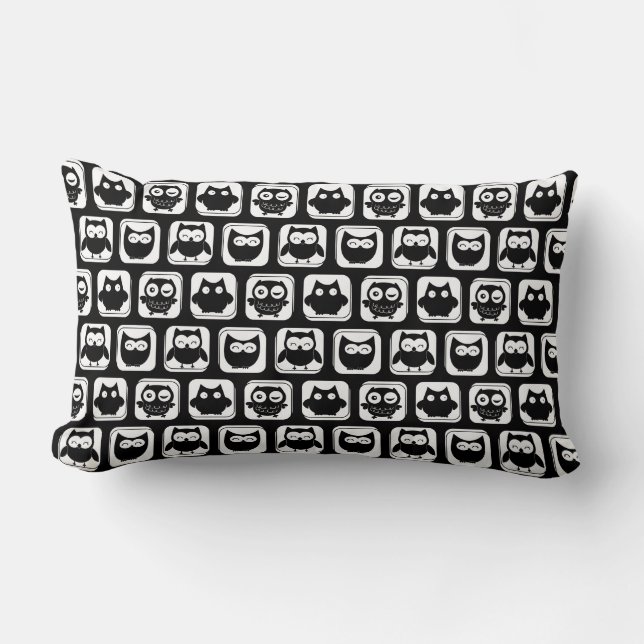 Black and White Owl Pattern Lumbar Cushion (Front)