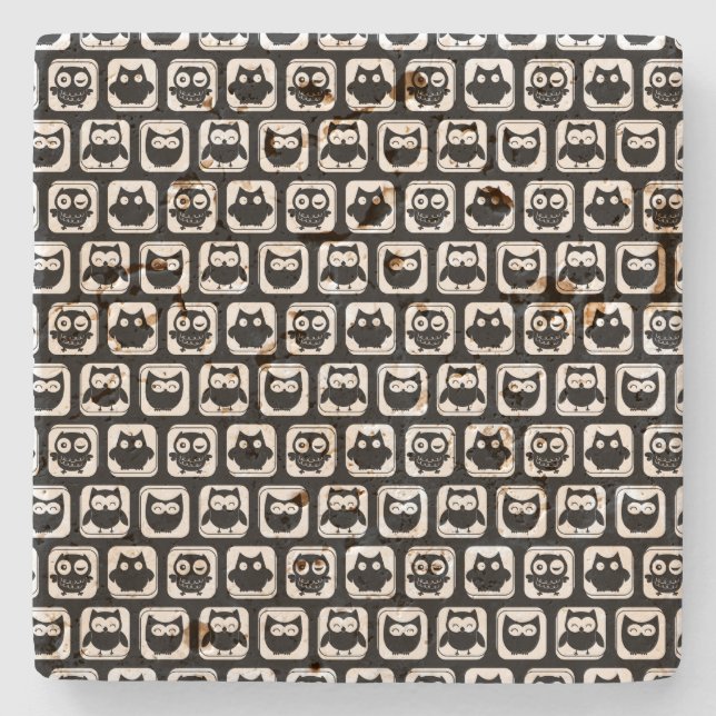 Black and White Owl Pattern Stone Coaster (Front)