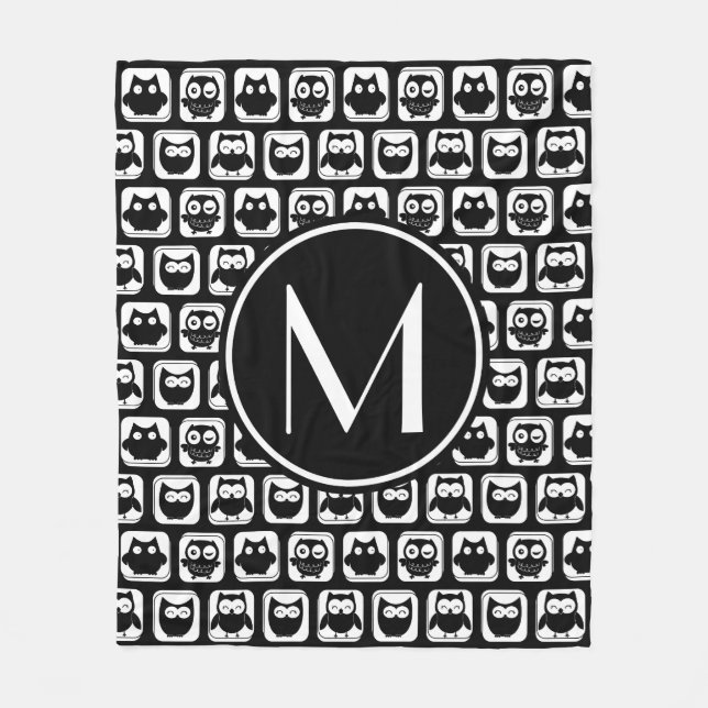 Black and White Owls Personalised Monogram Fleece Blanket (Front)