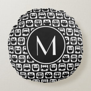 Black and White Owls Personalised Monogram Round Cushion