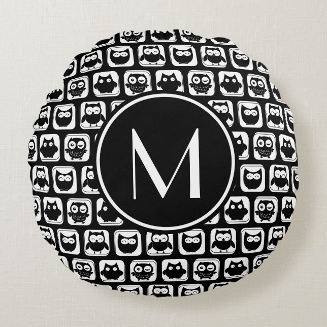 Black and White Owls Personalised Monogram Round Cushion (Front)